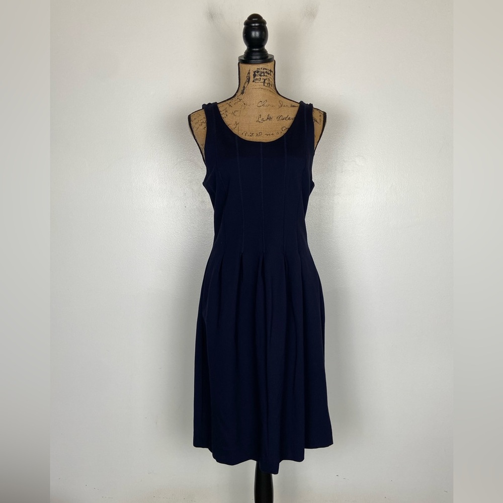 J. Crew Knit Stretch Midi Dress Sz 10 Blue Pleated Career Sleeveless Scoop Neck